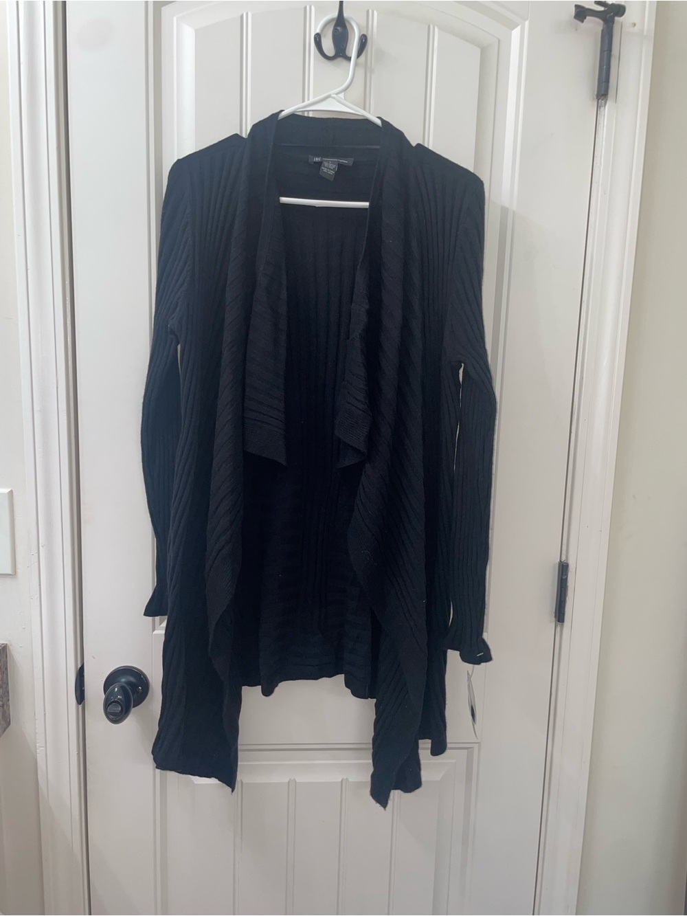 INC International Concepts Black Open-Front Draped Ribbed Cardigan